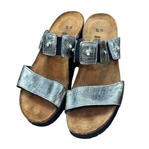 NAOT Ashley Silver Metal Leather Slide Shoes Rhinestones 37 6 Low wedge Sandal